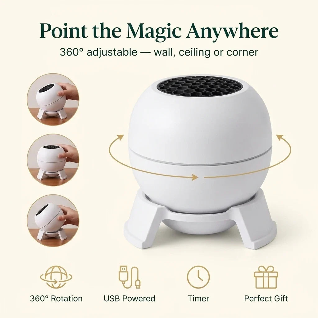 MerryGlow projector with 360-degree adjustable base pointed at the ceiling