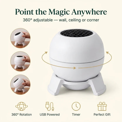 MerryGlow projector with 360-degree adjustable base pointed at the ceiling