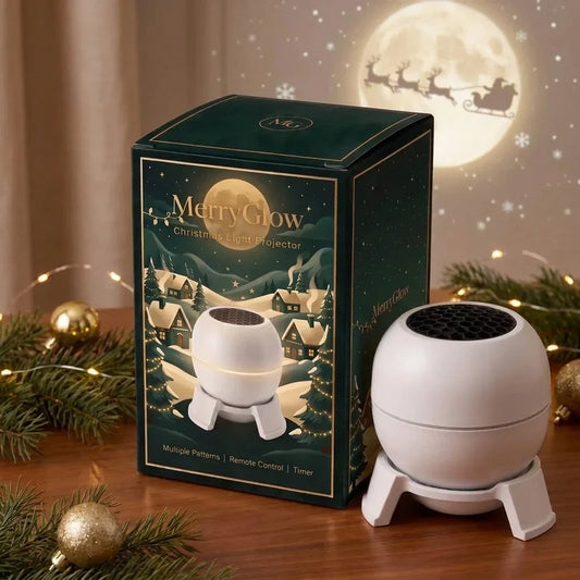 MerryGlow Christmas Sky Projector next to its gift box, projecting Santa and a full moon