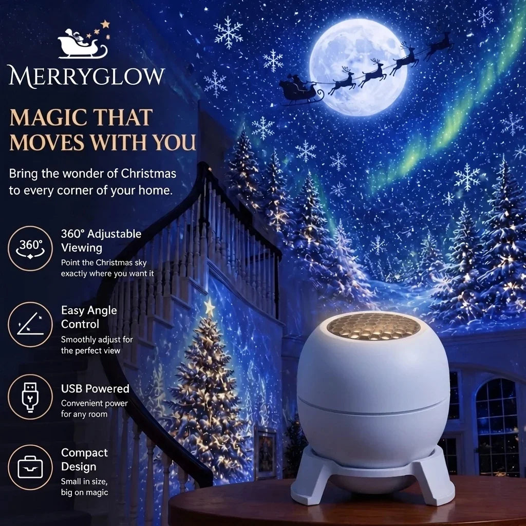 Moving Christmas scene with Santa's sleigh projected across a bedroom ceiling