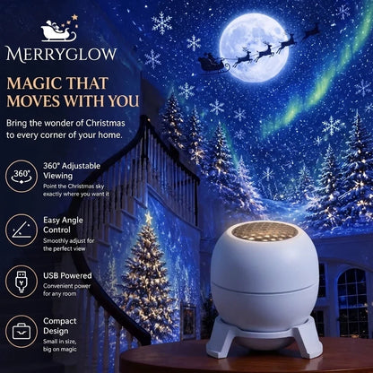 Moving Christmas scene with Santa's sleigh projected across a bedroom ceiling