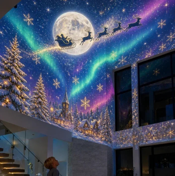 Santa, full moon and northern lights projected on a living room wall